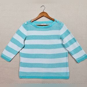 Croft & Barrow Aqua and White StripedCrewneck Cardigan Knit Sweater Size XL
